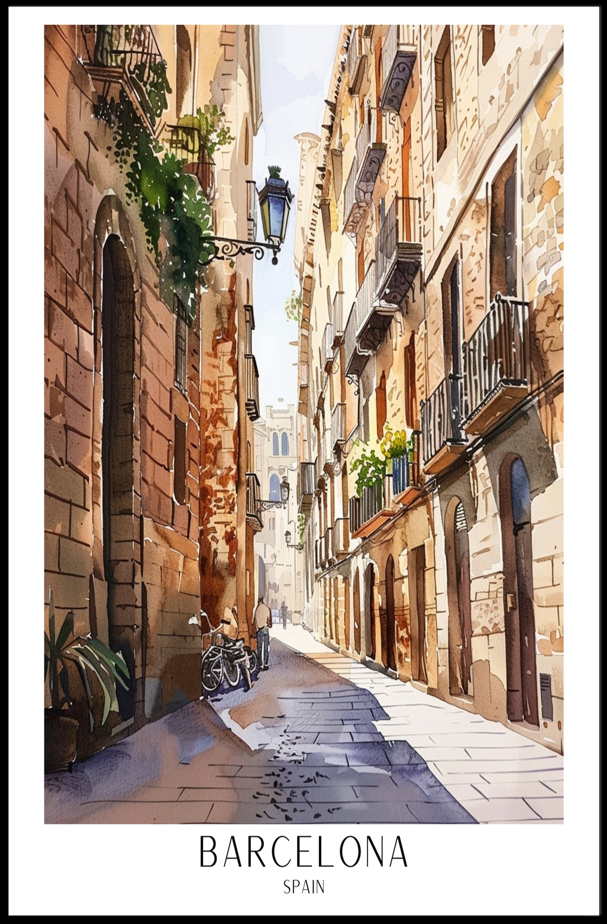 Barcelona Street Watercolor Art Poster PosterGoat