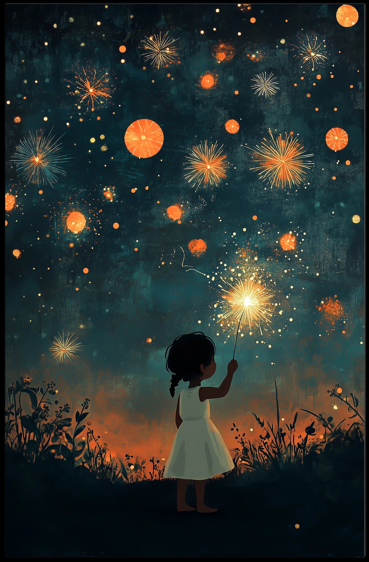 Young Girl Holding Sparkler Under Firework Sky Poster