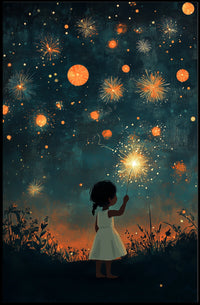 Young Girl Holding Sparkler Under Firework Sky Poster