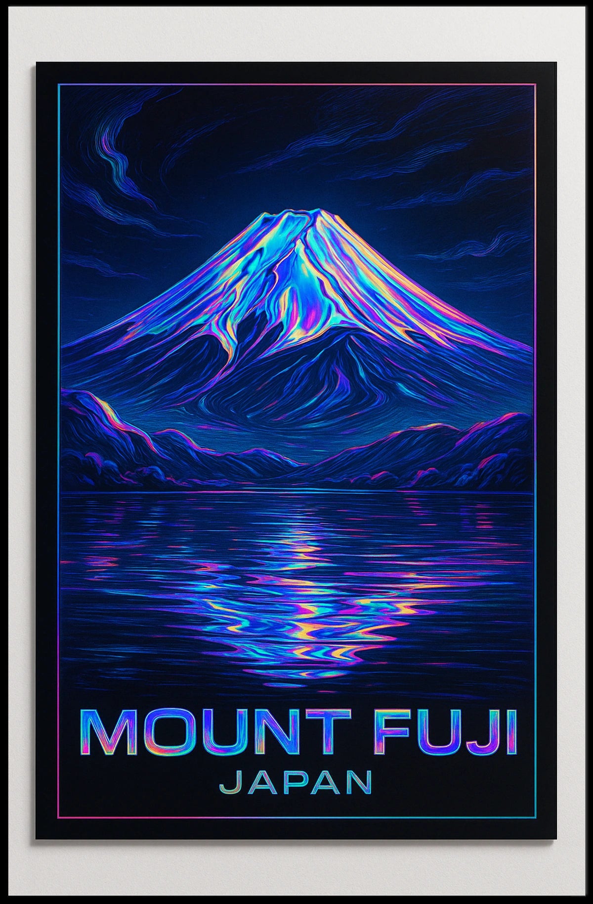 Mount Fuji Neon Reflections Iridescent Futuristic SciFi Vaporwave Dreamscape Poster