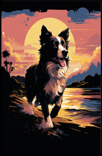 Running Dog at Sunset Shoreline Animal Poster