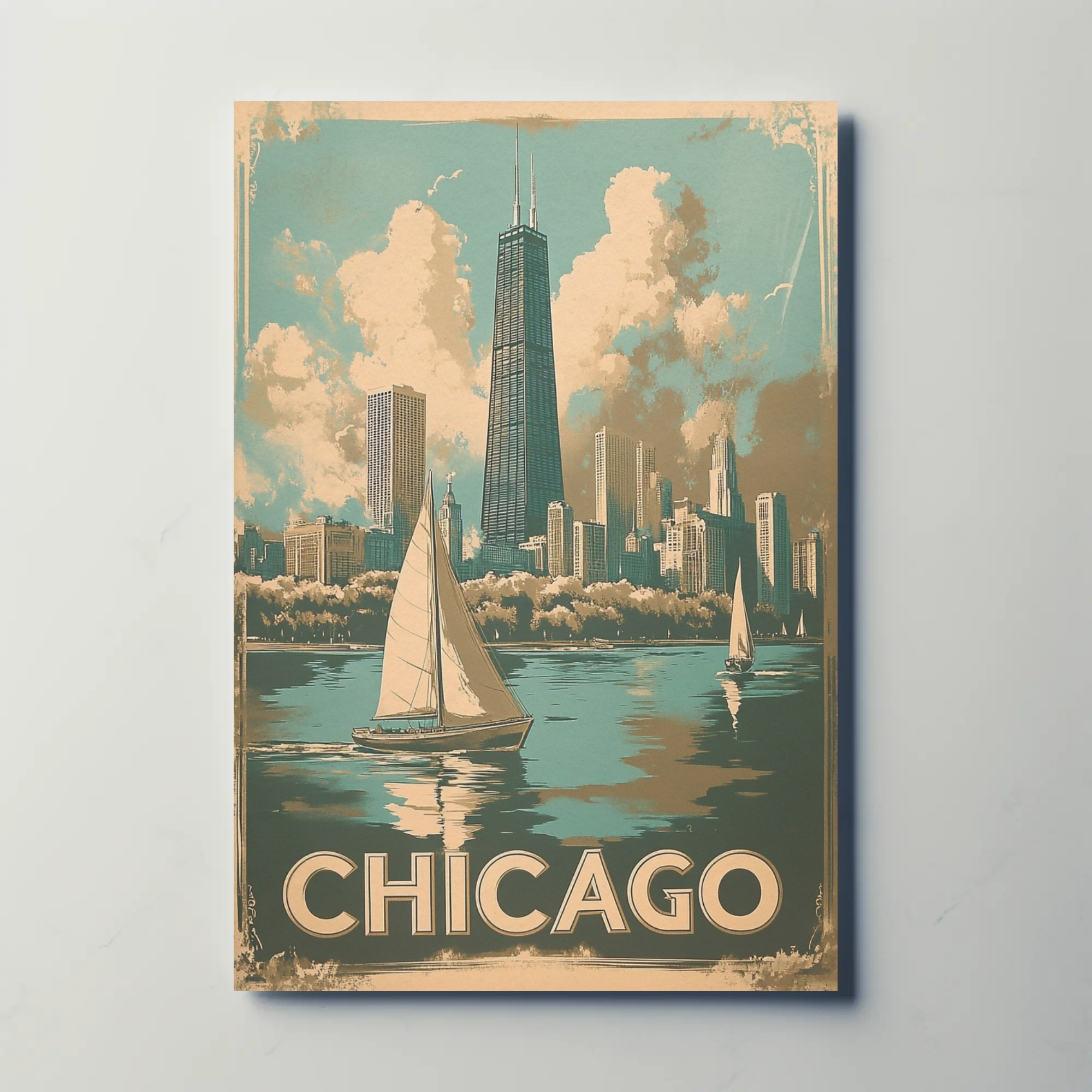 Chicago Vintage Poster - Sailing and Skyline