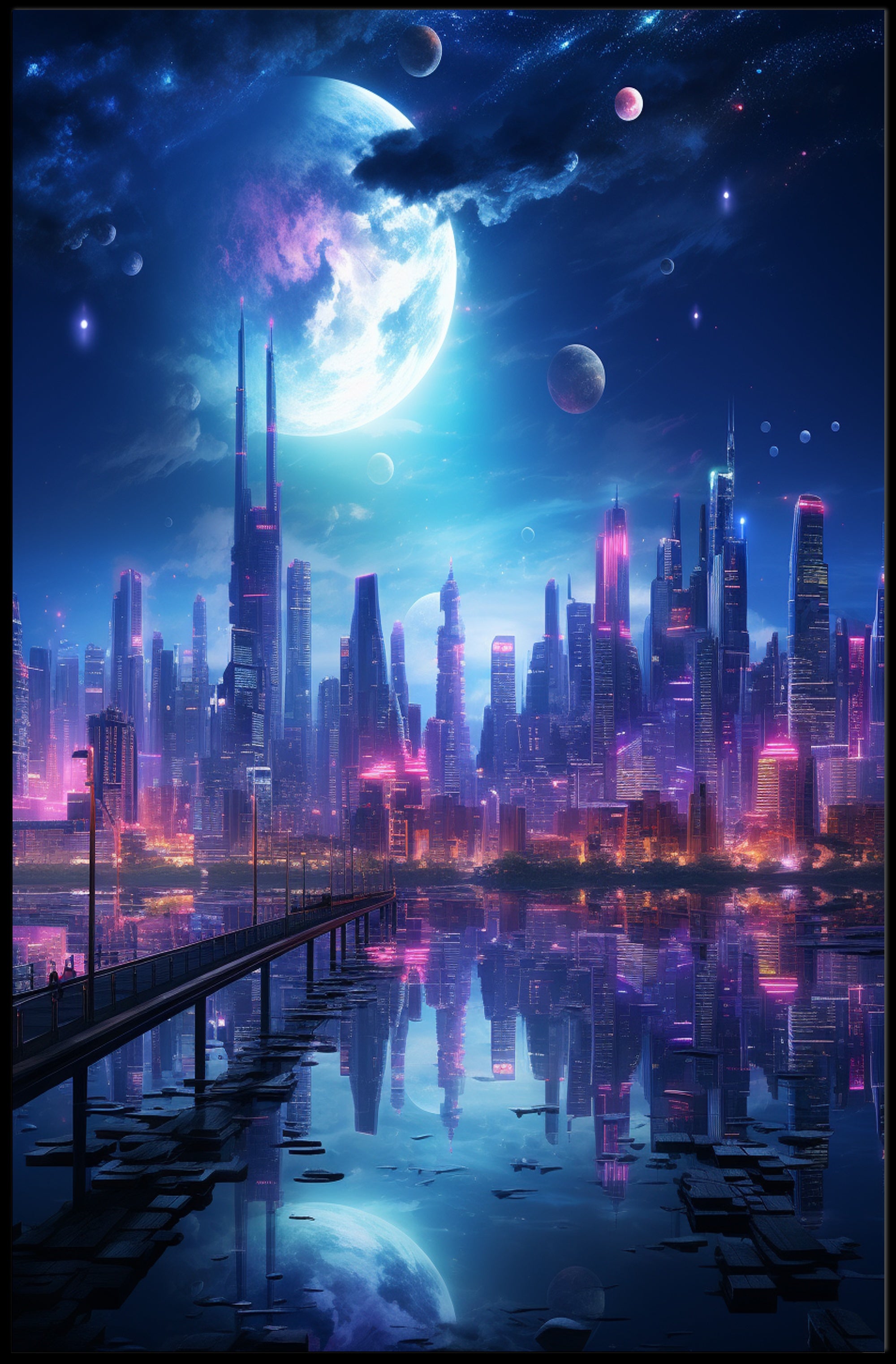 Neon Cityscape Under A Cosmic Sky Poster