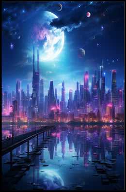 Neon Cityscape Under A Cosmic Sky Poster