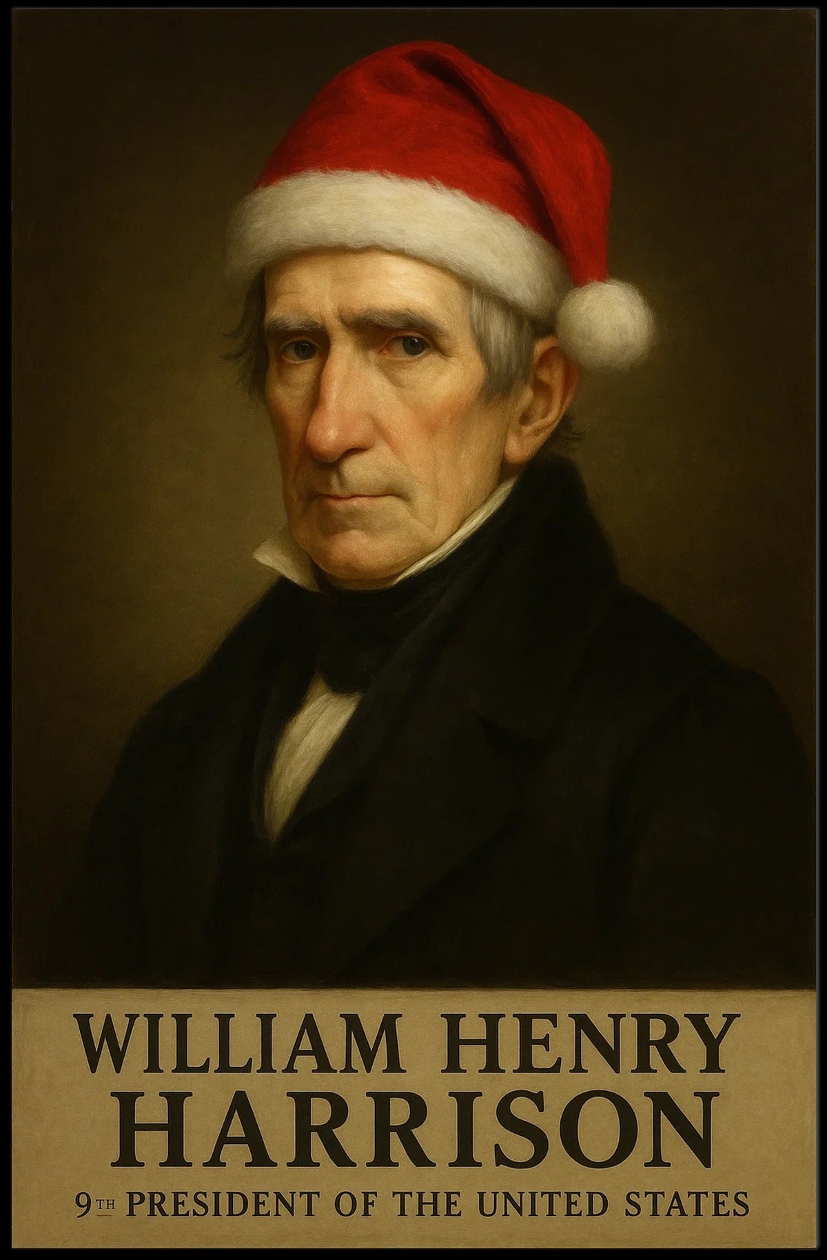 The poster depicts a stylized portrait of William Henry Harrison, the 9th President Travel Poster