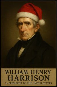 The poster depicts a stylized portrait of William Henry Harrison, the 9th President Travel Poster