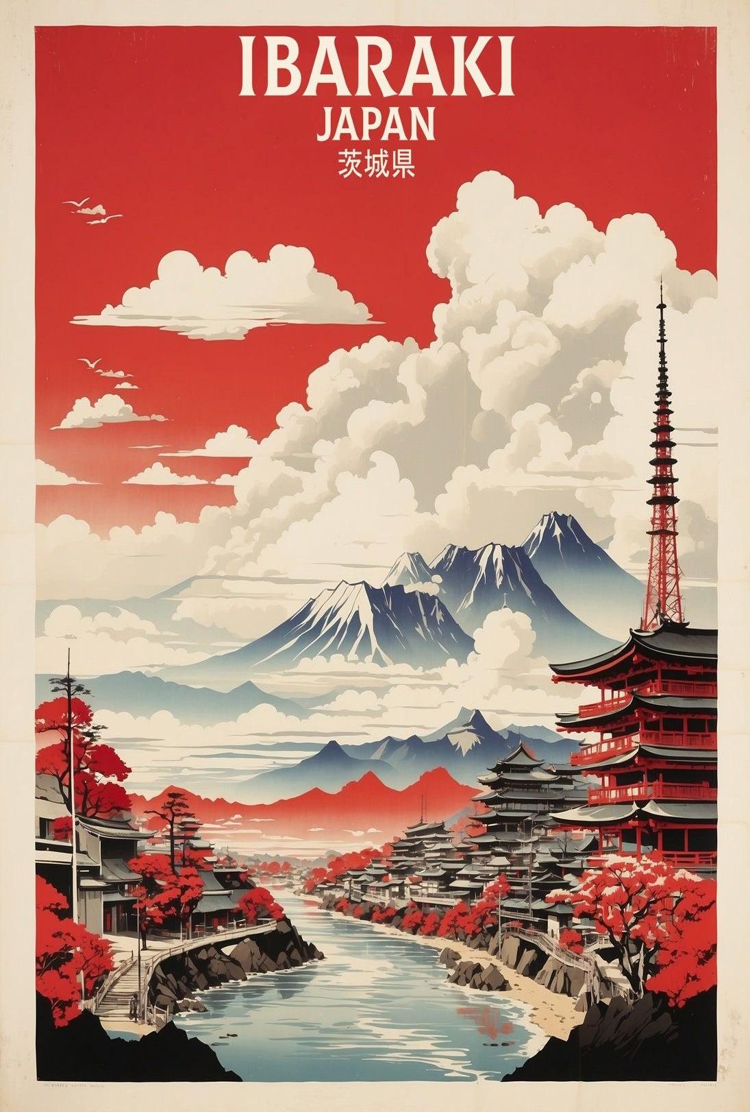 Scenic Japanese Autumn Landscape: Vintage Travel Poster