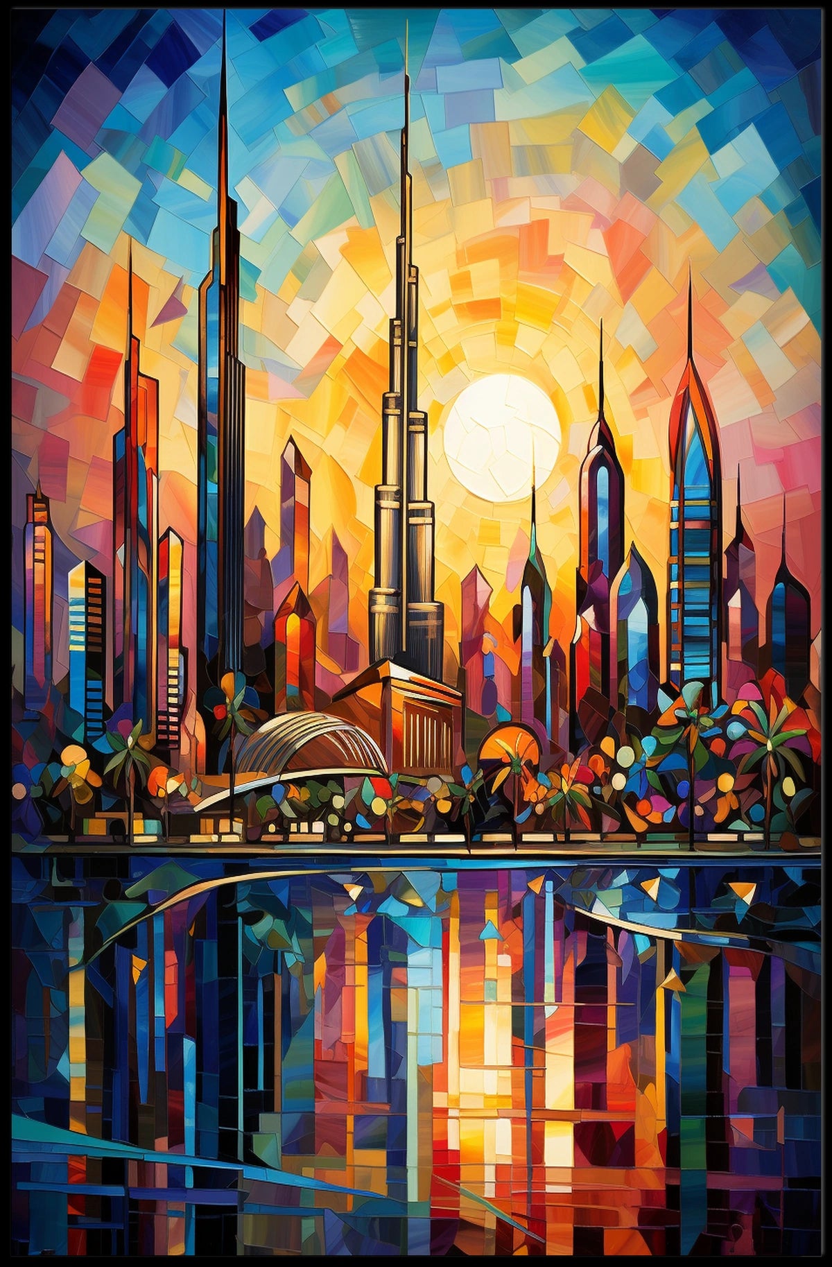 Vibrant Mosaic Cityscape Art Poster Celebrates Urban or Cityscape Poster