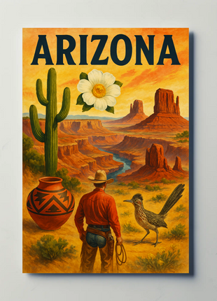 Arizona Desert Cowboy Saguaro Sunset Vintage Travel Poster