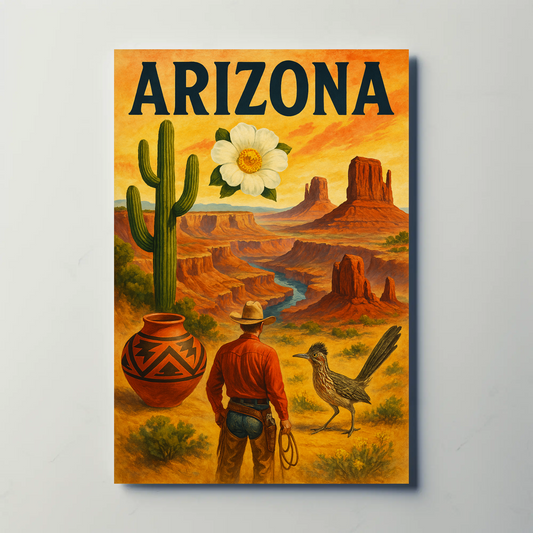 Arizona Desert Cowboy Saguaro Sunset Vintage Travel Poster
