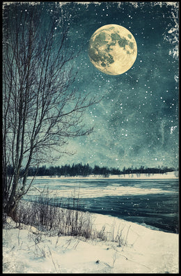 Serene Winter Moonlight Landscape Vintage Art Poster