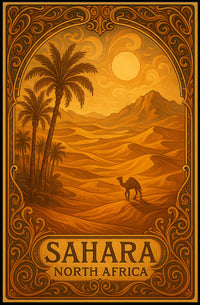 Sahara Sunset Vintage Travel Desert Camel Journey Art Deco Retro Eighties Poster