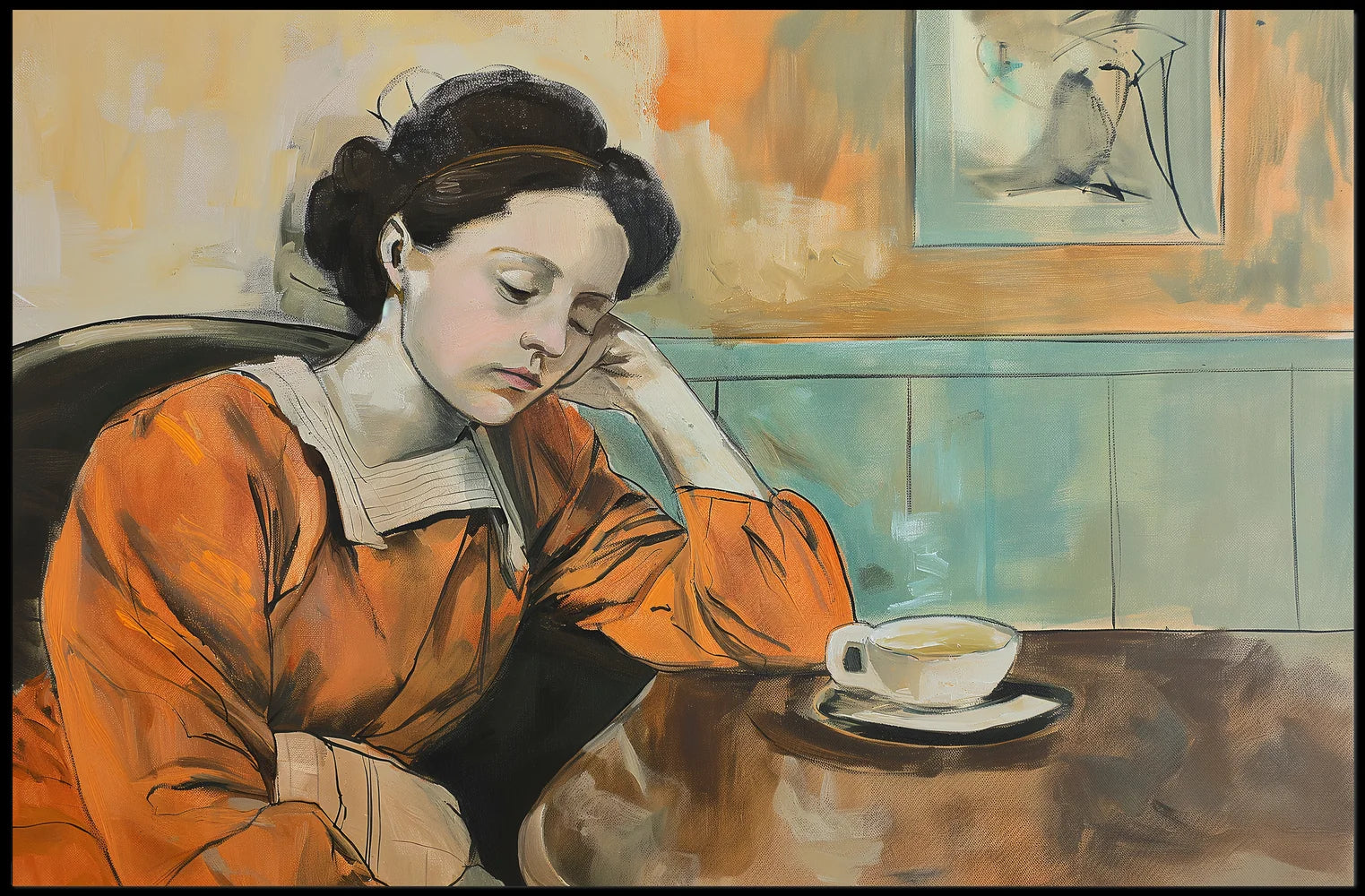 Contemplative Woman in Orange Dress Art Poster
