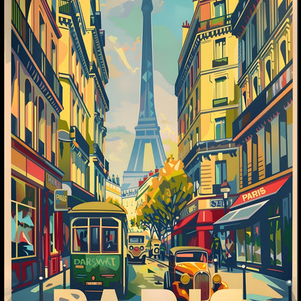 Vintage Parisian Street with Eiffel Tower Travel Poster
