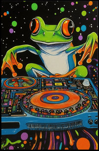 The poster is a vibrant and psychedelic illustration featuring a large, cartoonish frog Travel Poster