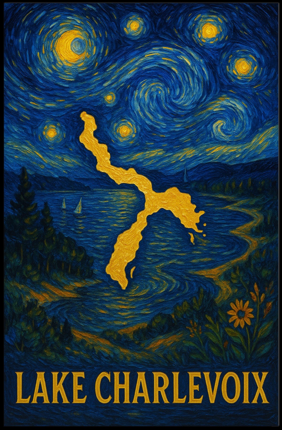 Artistic Lake Charlevoix Poster in Van Gogh Style - Abstract, Artistic, or Pop Culture Poster