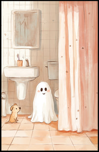 Ghost and Dog Bathroom Whimsical Illustration Cozy Poster