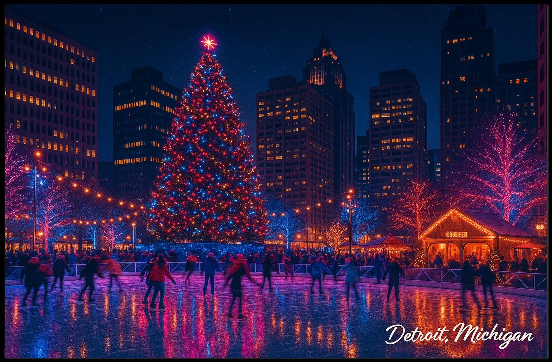 Holiday Skating in Detroit Poster