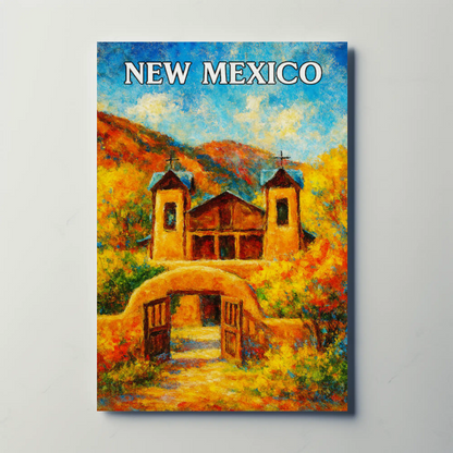 New Mexico Historic Adobe Church Autumn Colors Travel Poster