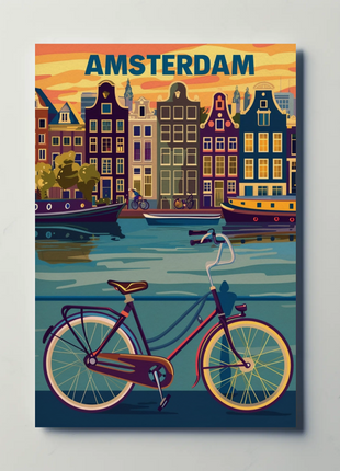 Amsterdam Holland Bicycle Canals Sunset Vintage Travel Poster