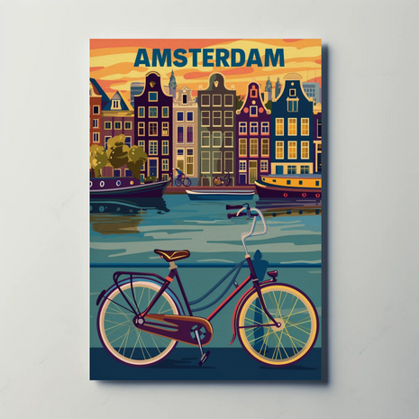 Amsterdam Holland Bicycle Canals Sunset Vintage Travel Poster