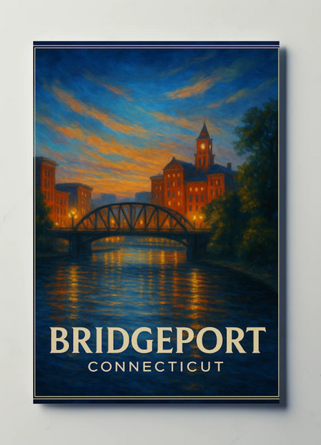 Bridgeport Connecticut Twilight River Skyline Travel Poster