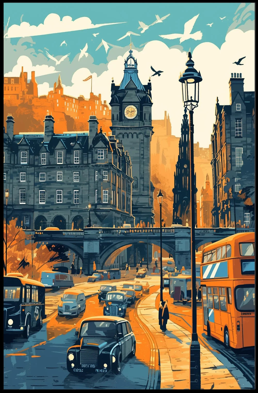 Mid-Century European Cityscape Retro Art Poster