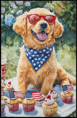 Golden Retriever Puppy On White Picnic Blanket Poster
