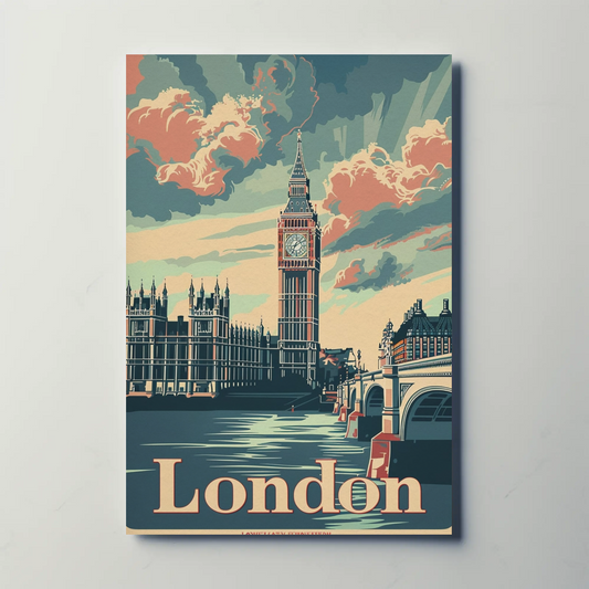 London Westminster Bridge Cloudy Skies Historic View Travel Poster