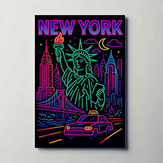 New York Neon Skyline Liberty Taxi Night Lights Travel Poster