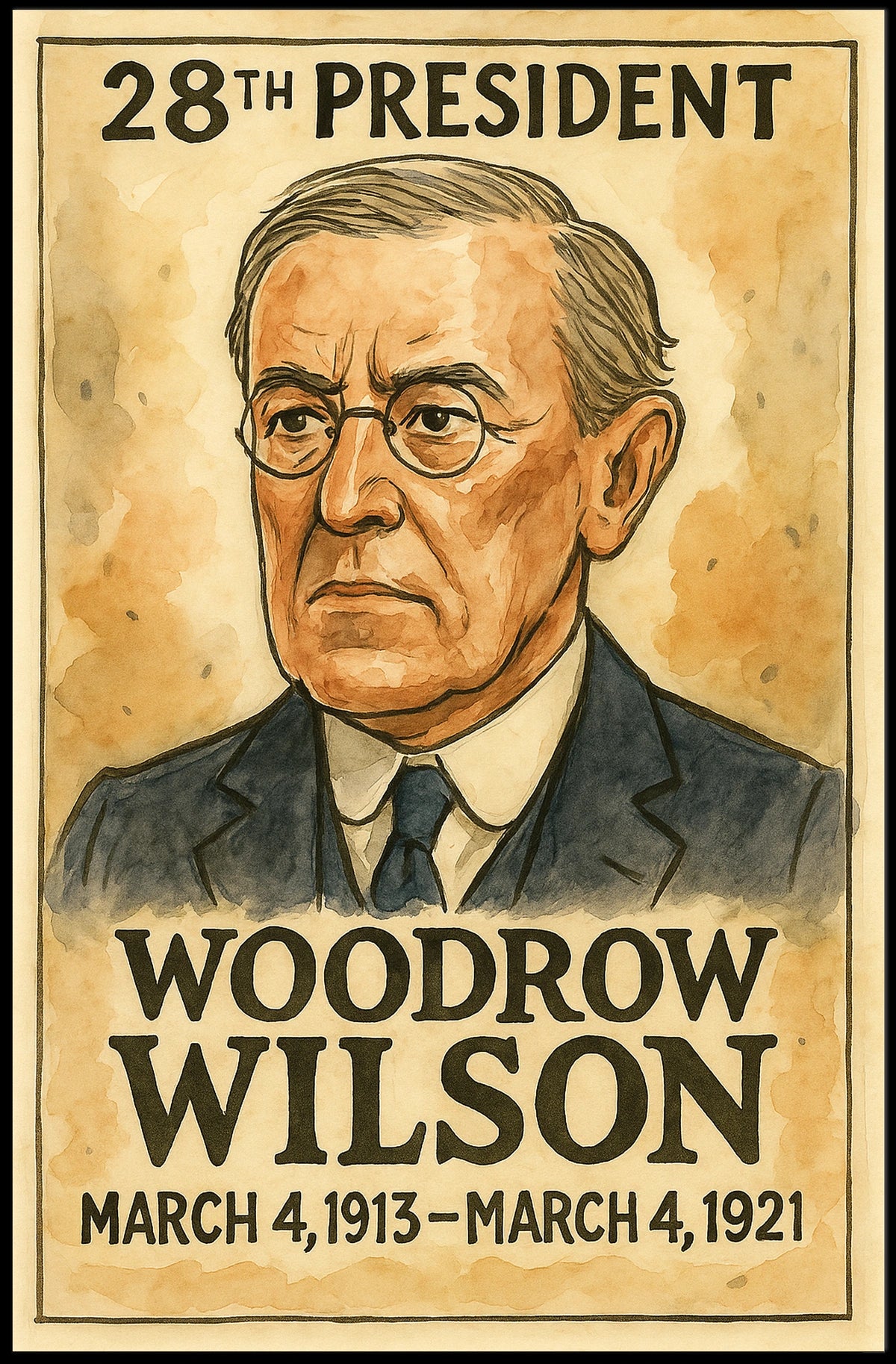 Woodrow Wilson 28th President of the United States Exaggerated Cartoon Sketch Poster