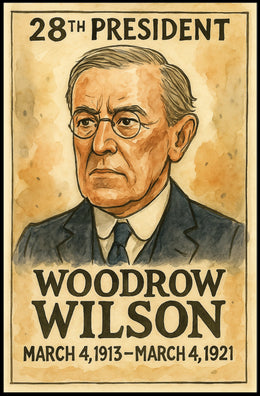 Woodrow Wilson 28th President of the United States Exaggerated Cartoon Sketch Poster