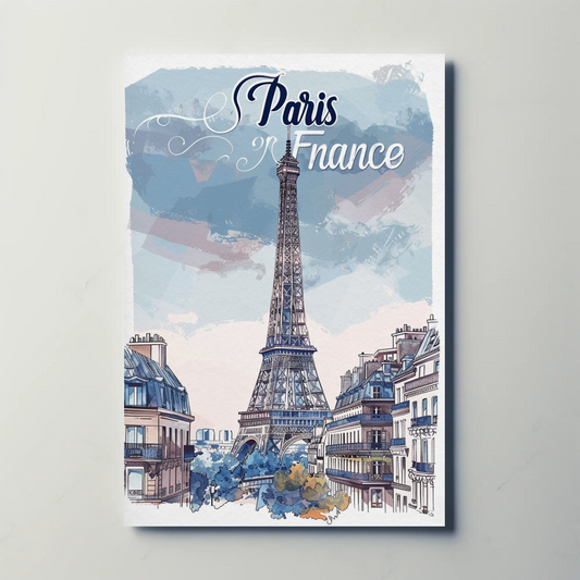 Paris France Watercolor Eiffel Tower View