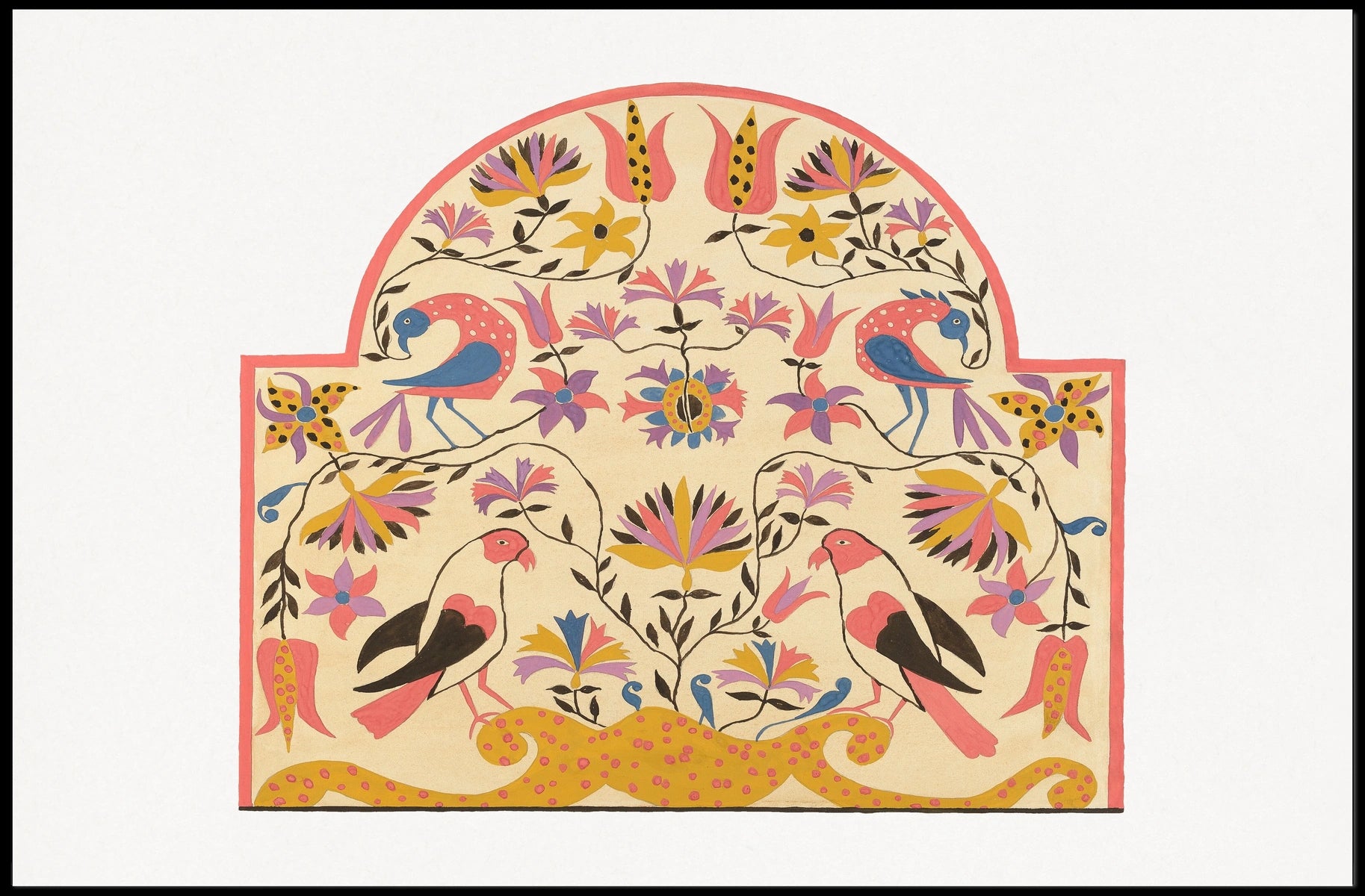 Folk Art Birds and Flowers Decorative Illustration Poster