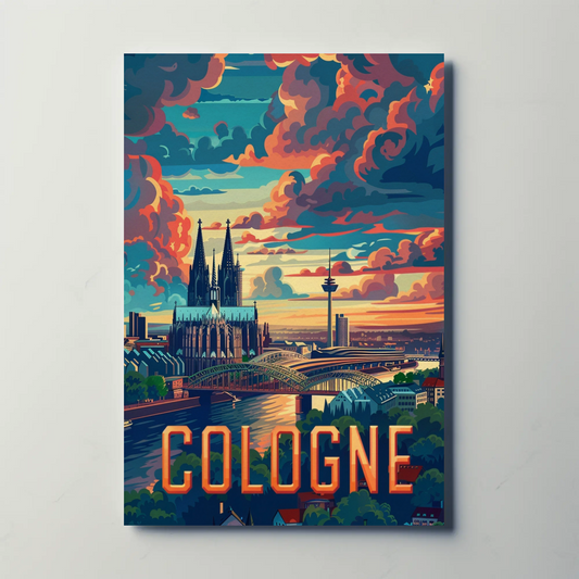 Cologne Skyline Sunset Clouds Spires Travel Poster
