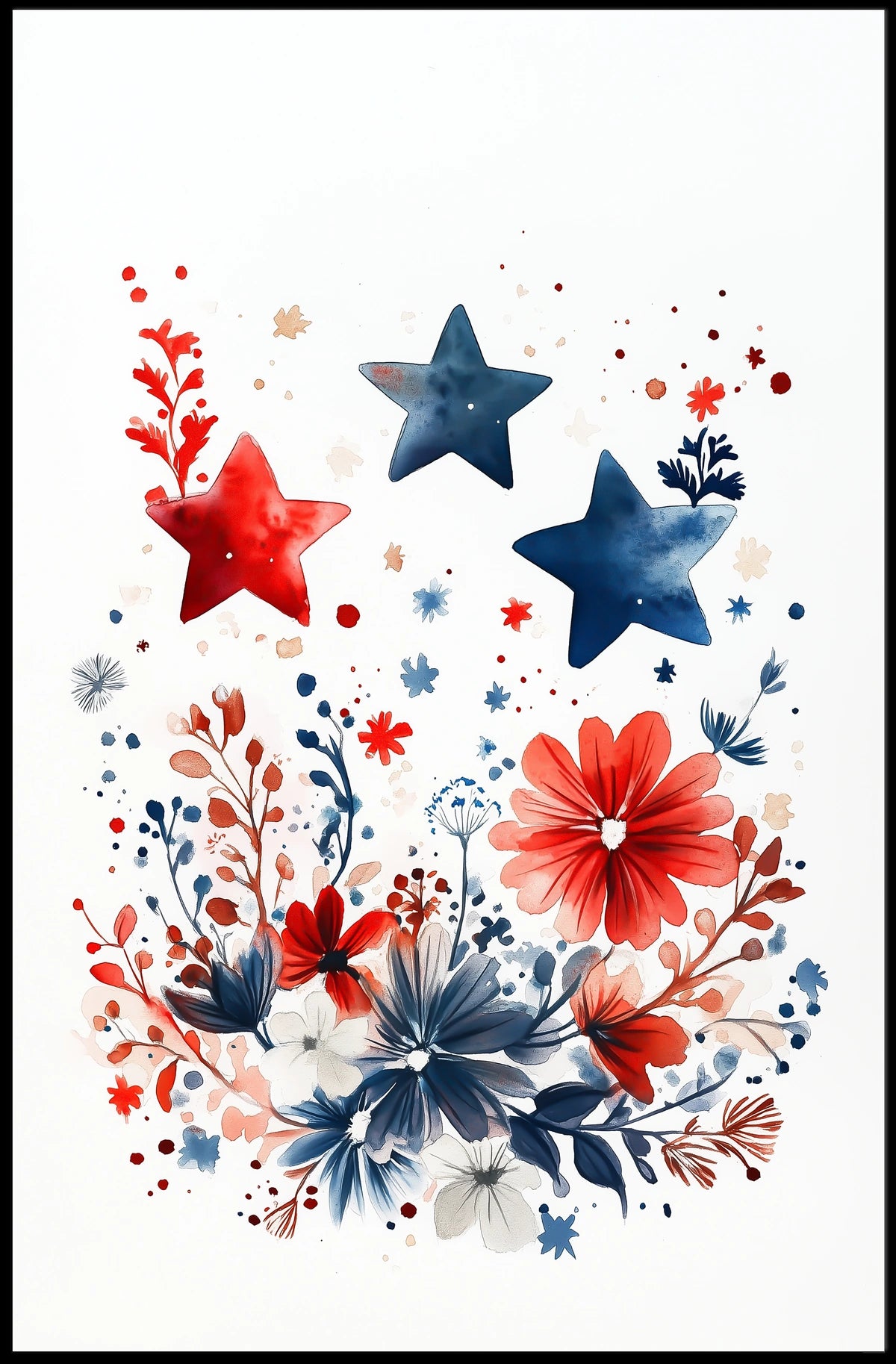 Three Stars Surrounded By Loose Red And Blue Florals Poster