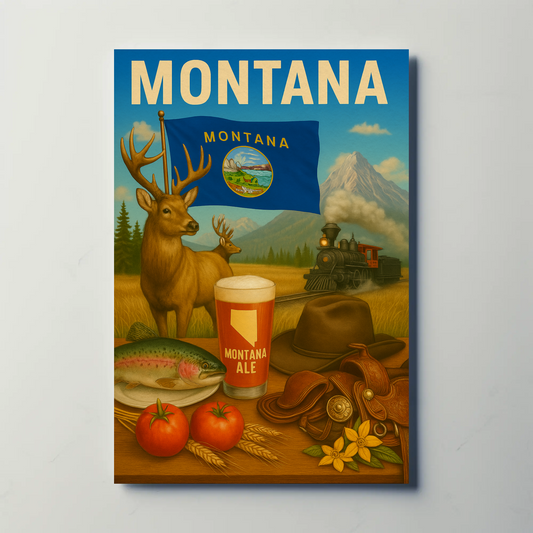 Montana Ale Elk Train Tomato Trout Hat Travel Poster