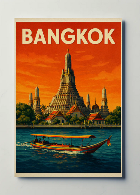 Bangkok Thailand Temple On River Sunset Travel Poster