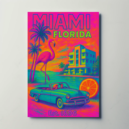 Miami Florida Flamingo Car Neon Est 1896 Vintage Travel Poster