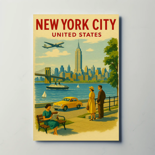 New York City 1950s Skyline Brooklyn Bridge Travel Poster