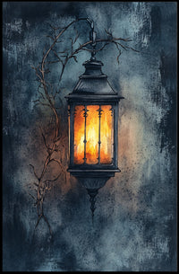 Rustic Lantern in Serene Nighttime Landscape Poster