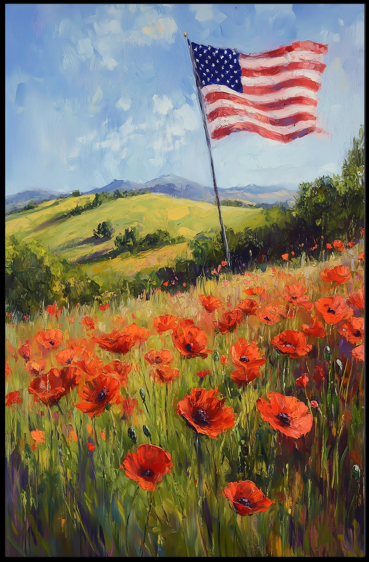peaceful field of poppies with one large American flag Poster