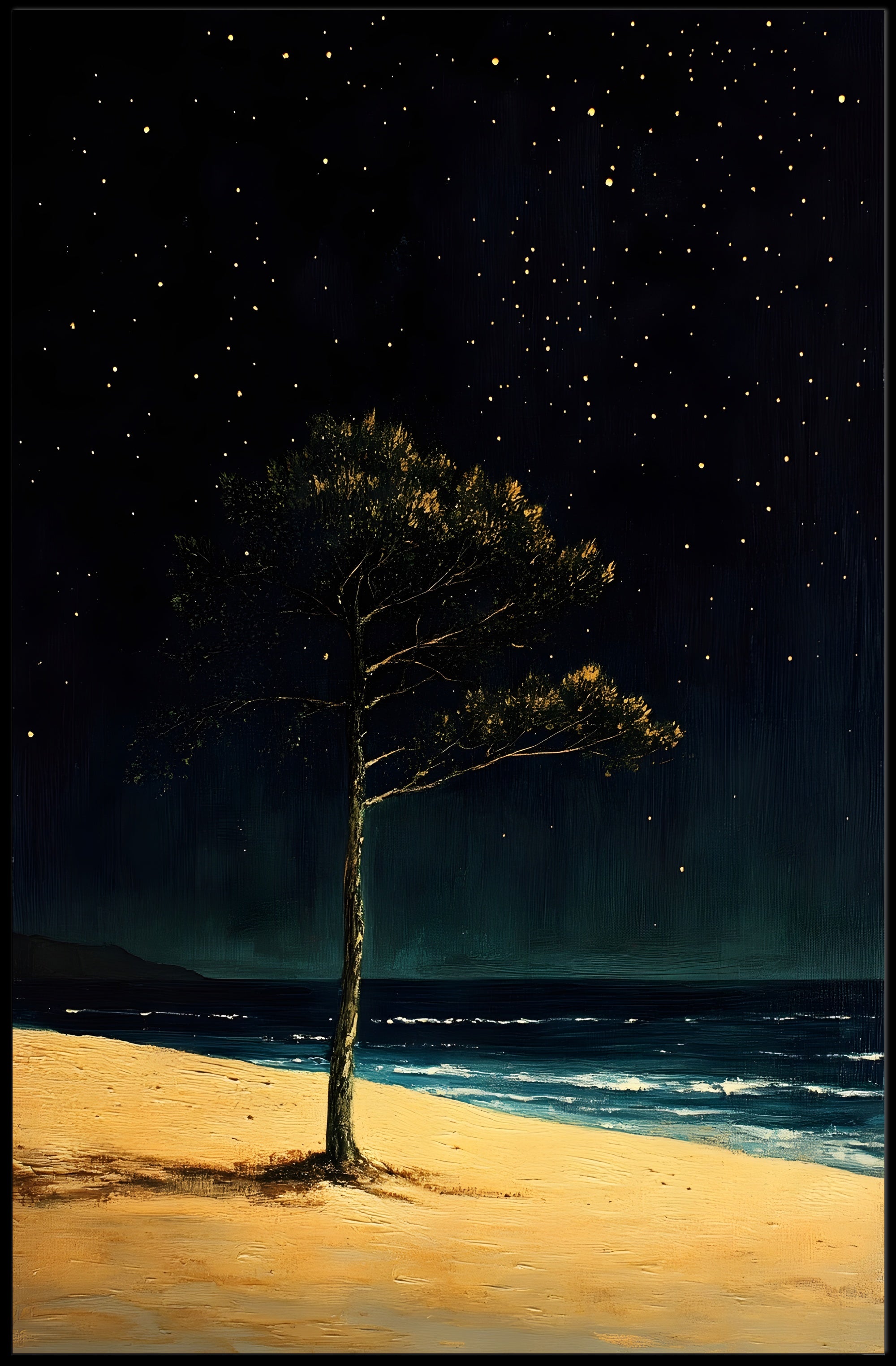 Solitary Tree Poster Starry Night Minimalist Beach