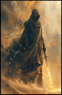 Mysterious Robed Figure with Glowing Sword Fantasy Poster PosterGoat