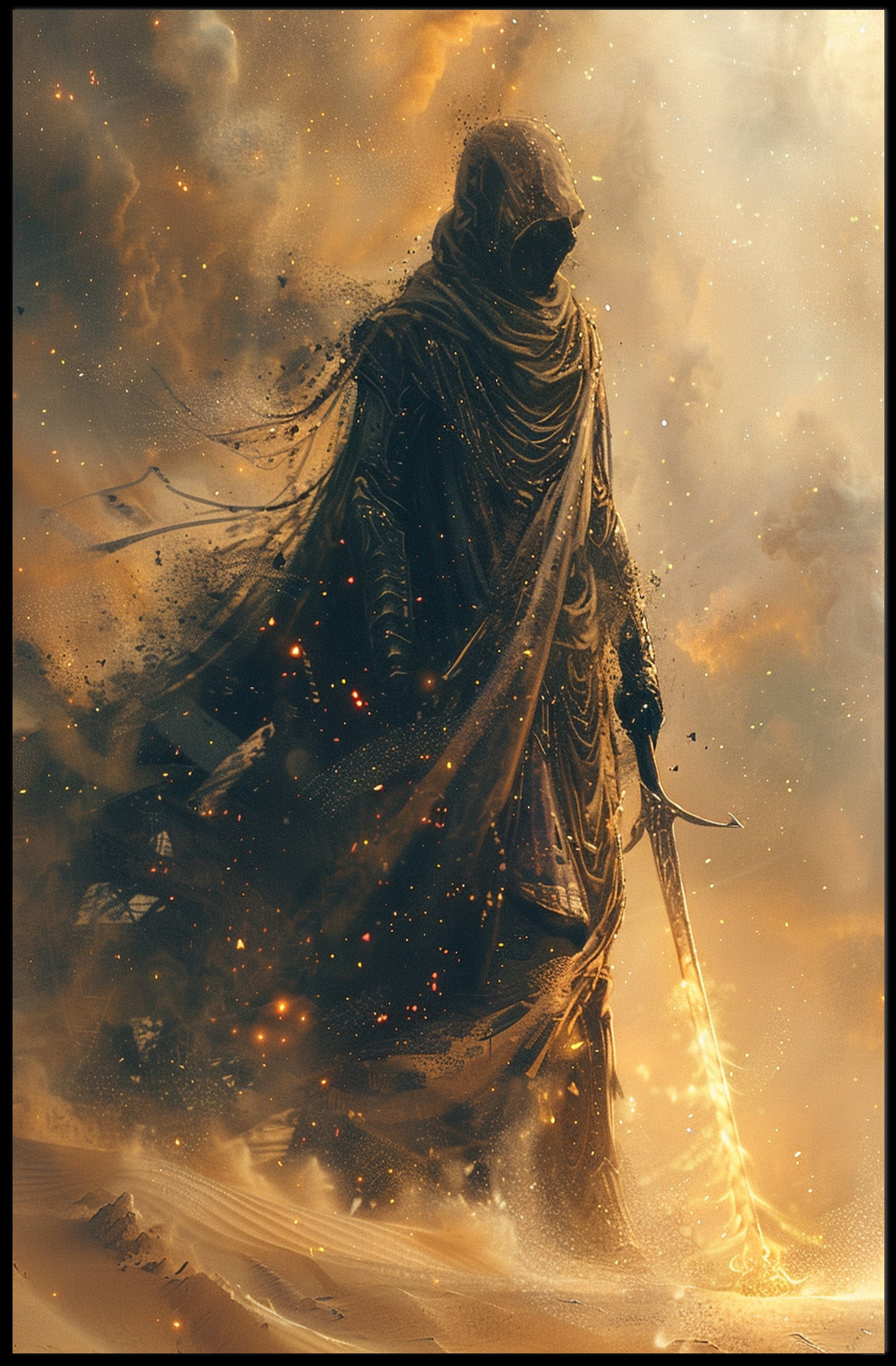 Mysterious Robed Figure with Glowing Sword Fantasy Poster PosterGoat