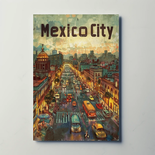 Mexico City Urban Nightlife Lanterns Travel Poster