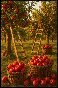 Serene Orchard Apple Harvest Photorealistic Rural Countryside Rustic Charm Nostalgic Farm Sunset Warmth Poster