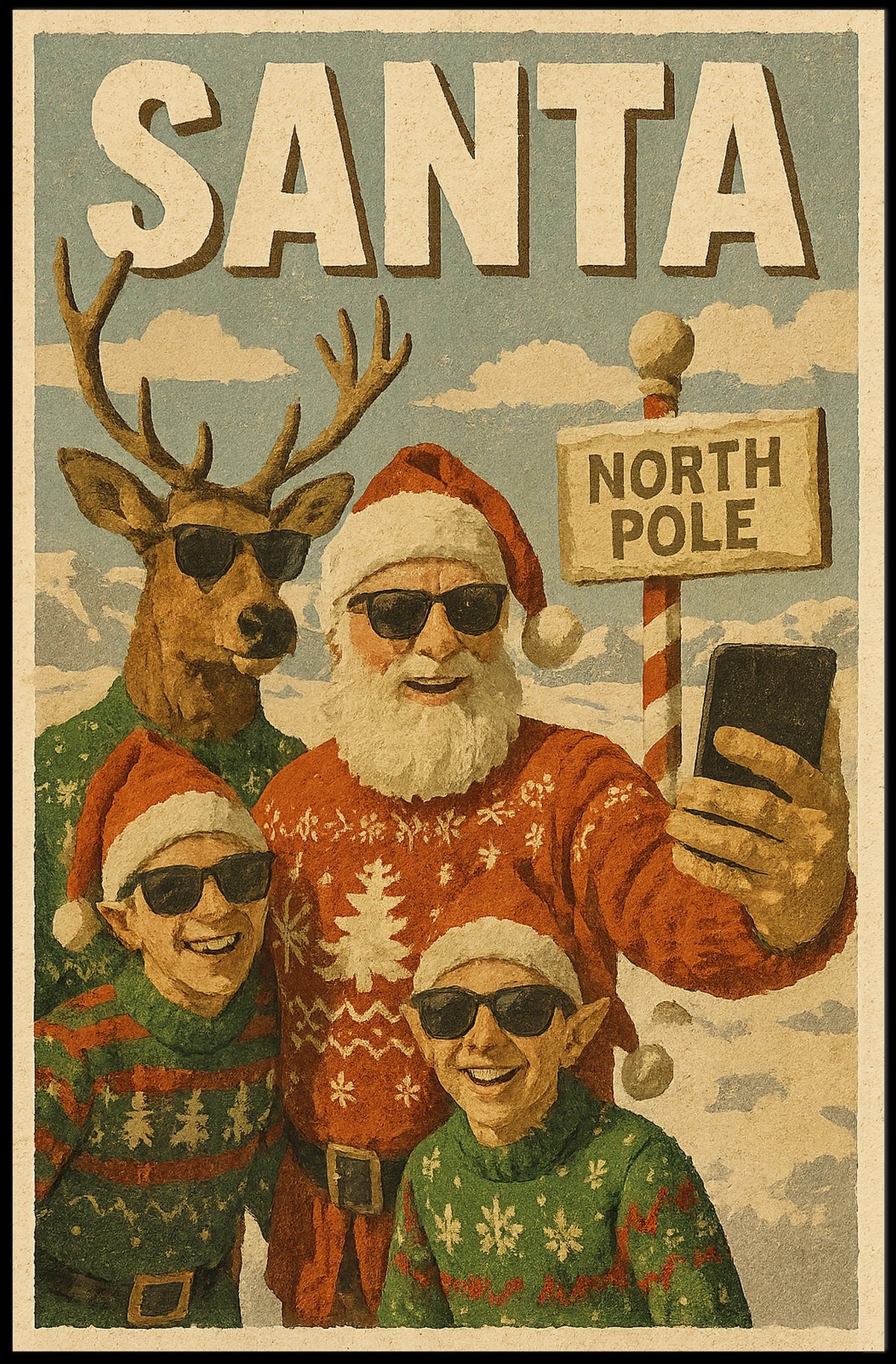 Festive Santa Selfie Vintage Christmas Poster Decor