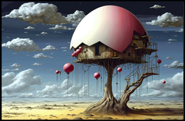 Surreal Desert House with Whimsical Balloons Artistic Poster