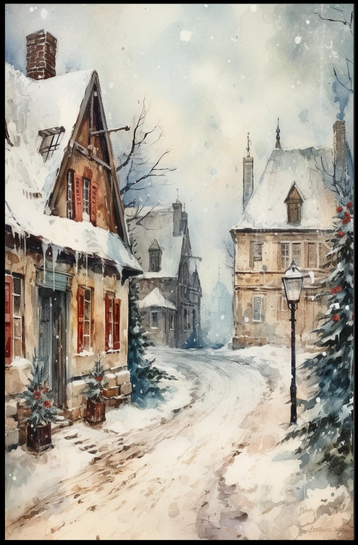 Winter Village Scene Poster